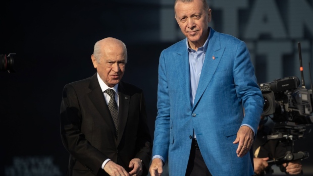 Recep Tayyip Erdogan, right, and Devlet Bahceli. Photographer: Burak Kara/Getty Images