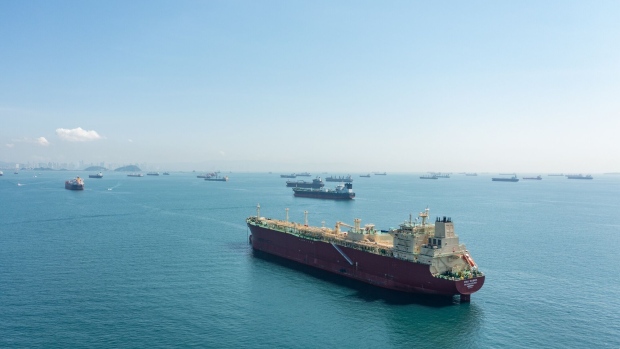 Cargo ships wait in the anchor zone to cross the Panama Canal near Panama City, Panama.