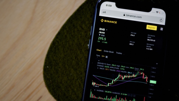 The Binance website on a smartphone arranged in the Brooklyn borough of New York, US, on Tuesday, Feb. 14, 2023. The New York State Department of Financial Services said it had directed Paxos Trust Co. to stop issuing new tokens of crypto's third largest stablecoin, a Binance-branded coin known as BUSD that has roughly $16 billion in circulation.