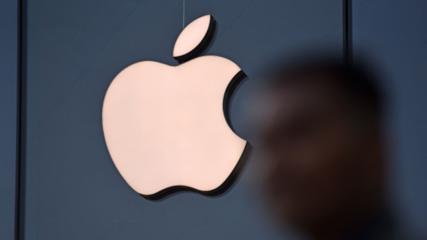 The Apple Inc. logo at the new Apple store in Mumbai, India, on Tuesday, April 18, 2023. Chief Executive Officer Tim Cook officially opened Apple Inc.’s first company-owned store in India, betting the iPhone maker’s retail outlets will help accelerate sales growth.