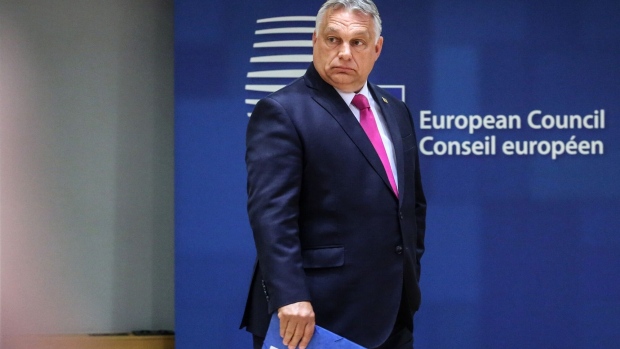 Viktor Orban, Hungary's prime minister, on day one of the European Union (EU) leaders summit at the EU Council headquarters in Brussels, Belgium, on Monday, May 30, 2022. European Union leaders intend to give their political backing to a ban on Russian oil, paving the way for a possible agreement next month on a sixth package of sanctions targeting Moscow for its invasion of Ukraine.