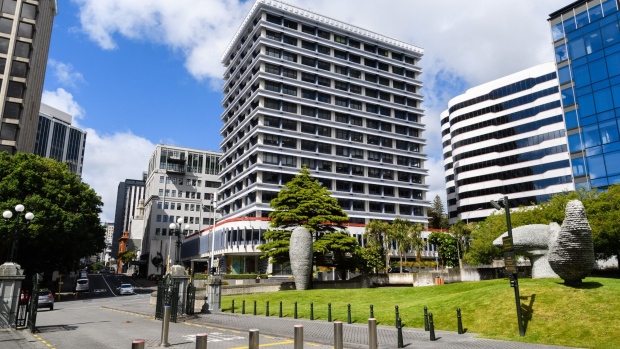 The Reserve Bank of New Zealand (RBNZ) building, center, in Wellington, New Zealand, on Saturday, Nov. 28, 2020. A housing frenzy at the bottom of the world is laying bare the perils of ultra-low interest rates.