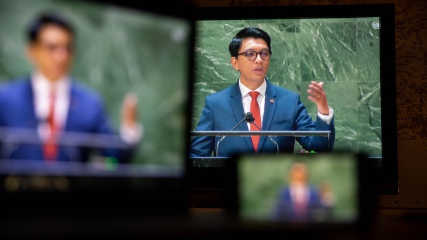 Andry Rajoelina, Madagascar's president, speaks during the United Nations General Assembly via live stream in New York, U.S., on Wednesday, Sept. 22, 2021. A scaled-back United Nations General Assembly returns to Manhattan after going completely virtual last year, but fears about a possible spike in Covid-19 cases are making people in the host city less enthusiastic about the annual diplomatic gathering.