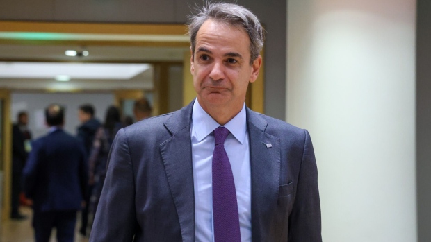 Kyriakos Mitsotakis, Greece's prime minister, on day two of a European Union leader summit in Brussels, Belgium, on Friday, Oct. 27, 2023. European Union leaders agreed to call for humanitarian corridors and breaks in the Israel-Hamas war to ensure aid reaches Gaza, after five hours of wrangling.