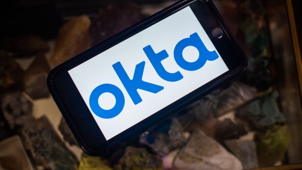 The Okta Inc. logo on a smartphone arranged in Dobbs Ferry, New York, U.S., on Sunday, Feb. 28, 2021. Okta Inc. is scheduled to release earnings figures on March 3. Photographer: Tiffany Hagler-Geard/Bloomberg