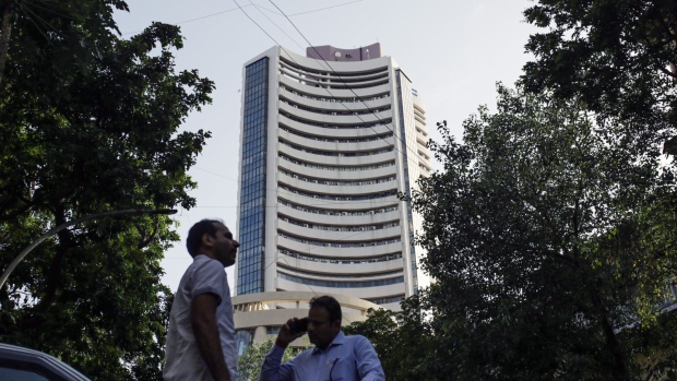 The Bombay Stock Exchange (BSE) building in Mumbai, India, on Monday, Aug. 21, 2023. Shares of Jio Financial Services Ltd., a recently spun off unit of Reliance Industries Ltd., made a weak start in a widely watched trading debut on Monday. Photographer: Dhiraj Singh/Bloomberg