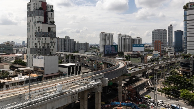A skytrain line under construction in Bangkok, Thailand, on Monday, Oct. 3, 2022. Thai authorities are considering imposing a congestion charge in the capital Bangkok to ease traffic snarls and air pollution, making it potentially the second major Asian city to implement such a policy. Photographer: Luke Duggleby/Bloomberg