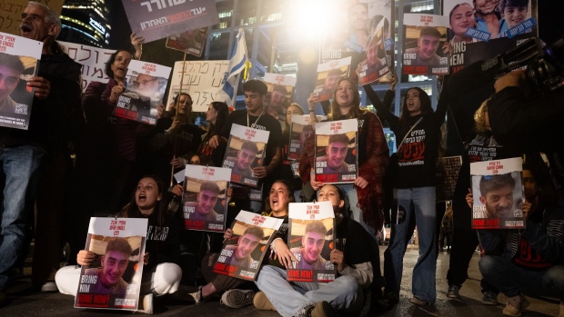 Families of the hostages during a demonstration in Tel Aviv, Israel, on Nov. 28.