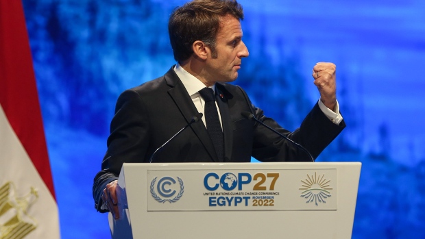 Emmanuel Macron, France's president, addresses last year’s COP in Egypt Photographer: Islam Safwat/Bloomberg