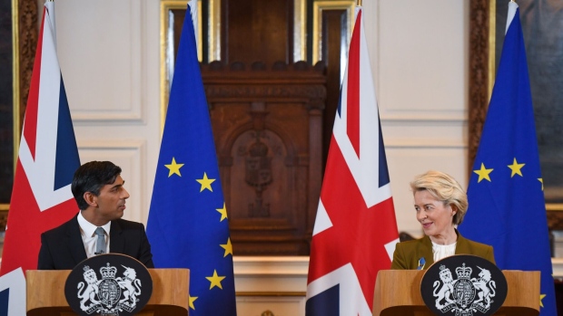 Rishi Sunak and Ursula von der Leyen, European Commission president, at a joint news conference on the Windsor Framework.