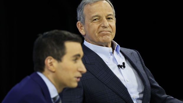 NEW YORK, NEW YORK - NOVEMBER 29: NYT Columnist Andrew Ross Sorkin and C.E.O. of The Walt Disney Company Bob Iger speak during the New York Times annual DealBook summit on November 29, 2023 in New York City. Andrew Ross Sorkin returns for the NYT summit for a day of interviews with Vice President Kamala Harris, President of Taiwan Tsai Ing-Wen, C.E.O. of Tesla, Chief Engineer of SpaceX and C.T.O. of X Elon Musk, former Speaker of the U.S. House of Representatives Rep. Kevin McCarthy (R-CA) and leaders in business, politics and culture. (Photo by Michael M. Santiago/Getty Images)