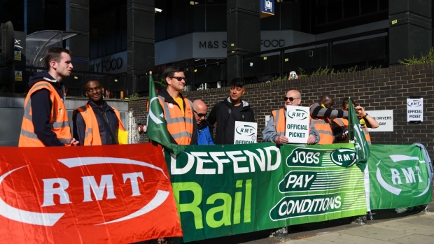 A picket line during a strike at Euston station in London in July.