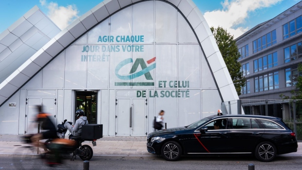 A logo on the exterior of the Credit Agricole SA bank headquarters in Montrouge, France, on Wednesday, Aug. 2, 2023. Credit Agricole reports earnings on August 4.
