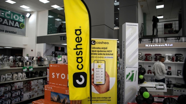 Cashea banners displayed at the Venelectronics during Black Friday in Caracas.