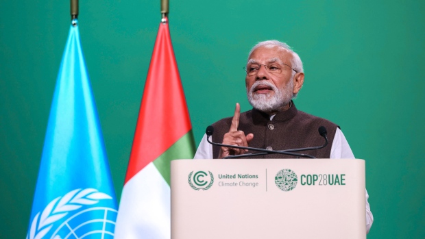 Narendra Modi, India's prime minister, speaks during a high-level segment on day two of the COP28 climate conference at Expo City in Dubai, United Arab Emirates, on Friday, Dec. 1, 2023. More than 70,000 politicians, diplomats, campaigners, financiers and business leaders will fly to Dubai to talk about arresting the world’s slide toward environmental catastrophe.