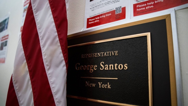 The office of Representative George Santos, on Capitol Hill in Washington, DC, US, on Friday, Dec. 1, 2023. The US House expelled Santos, ending a brief but sensational turn in national politics by a serial fabulist now under criminal indictment for fraud, theft and lying to the government. Photographer: Al Drago/Bloomberg