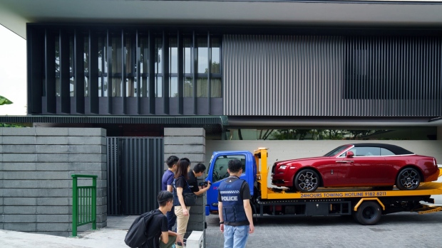 A Rolls-Royce vehicle seized by police at a residence of one of the money-laundering case suspects in Singapore. Photographer: Ore Huiying/Bloomberg
