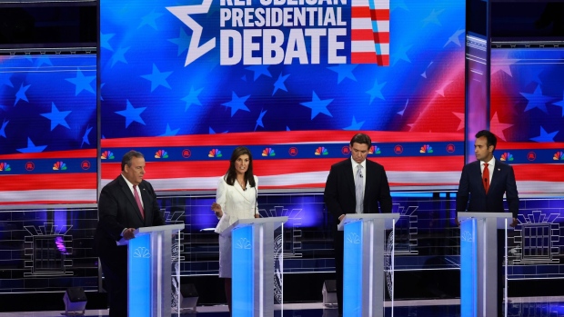 MIAMI, FLORIDA - NOVEMBER 08: Republican presidential candidates (L-R) former New Jersey Gov. Chris Christie, former U.N. Ambassador Nikki Haley, Florida Gov. Ron DeSantis and Vivek Ramaswamy participate in the NBC News Republican Presidential Primary Debate at the Adrienne Arsht Center for the Performing Arts of Miami-Dade County on November 8, 2023 in Miami, Florida. Five presidential hopefuls squared off in the third Republican primary debate as former U.S. President Donald Trump, currently facing indictments in four locations, declined again to participate. (Photo by Joe Raedle/Getty Images)