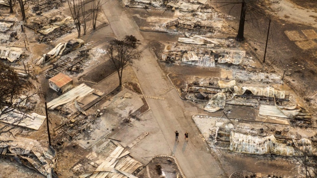PHOENIX, OR - SEPTEMBER 10: In this aerial view from a drone, people walk through a mobile home park destroyed by fire on September 10, 2020 in Phoenix, Oregon. Hundreds of homes in the town have been lost due to wildfire. (Photo by David Ryder/Getty Images)