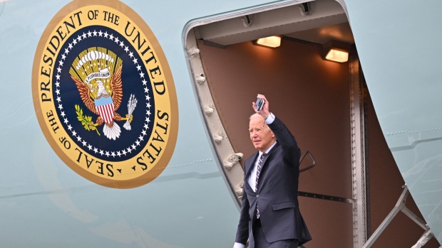 US President Joe Biden disembarks Air Force One at Boston Logan International Airport in Boston, Massachusetts, on December 5, 2023.  Photographer: Mandel Ngan/AFP/Getty Images