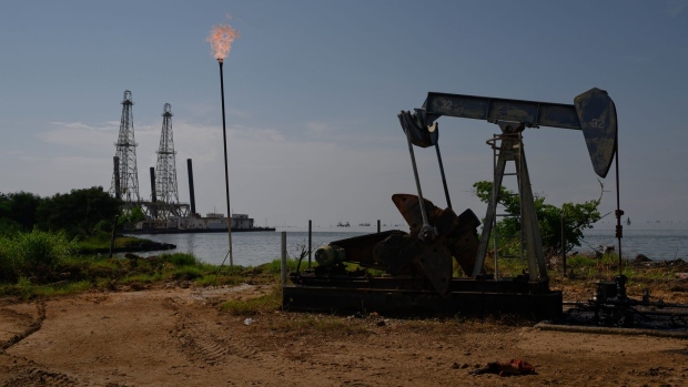 A Petroleos de Venezuela SA (PDVSA) oil pumpjack on Lake Maracaibo in Cabimas, Zulia state, Venezuela, on Friday, Nov. 17, 2023. A decision by the US on Oct. 18 to ease sanctions in exchange for greater political freedom in Venezuela, has opened the doors for dealmaking and increased production that will enable the Latin American country's crude to reach global markets.