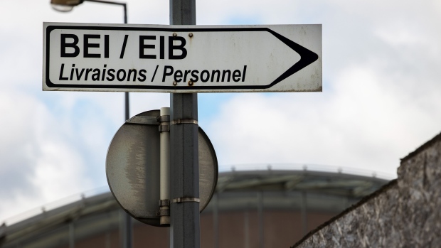 A 'deliveries and staff' sign outside European Investment Bank (EIB) East building in Luxembourg, on Monday, March 15, 2021. More than 60 financial firms have established operations in the Grand Duchy due to Brexit, according to Nicolas Mackel, the head of Luxembourg for Finance. Photographer: Olivier Matthys/Bloomberg