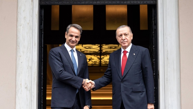 Recep Tayyip Erdogan, right, with Kyriakos Mitsotakis in Athens, Greece, on Dec. 7.