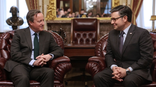  Mike Johnson meets with David Cameron at the US Capitol on Dec. 6.