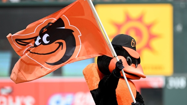The Baltimore Orioles mascot celebrates after a victory at Oriole Park at Camden Yards in May 2023 in Baltimore, Maryland.  Photographer: Greg Fiume/Getty Images