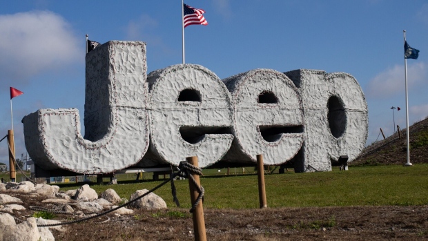 A Jeep sign outside the Stellantis NV Toledo Assembly Complex in Toldeo, Ohio, US, on Monday, Sept. 18, 2023. The United Auto Workers began a strike Friday against all three of the legacy Detroit carmakers, an unprecedented move that could launch a costly and protracted showdown over wages and job security.