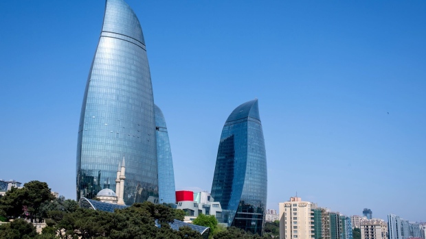 BAKU, AZERBAIJAN - MAY 13: The Flame Towers, a trio of skyscrapers in Baku, are seen on May 13, 2019 in Baku, Azerbaijan. (Photo by Thomas Eisenhuth/Getty Images)