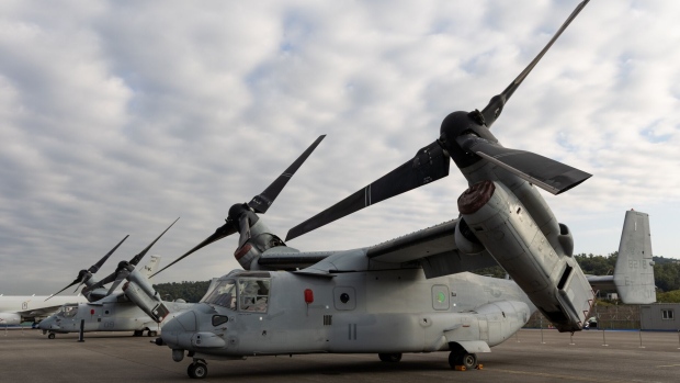 A U.S. Navy V-22 Osprey aircraft on display at the Seoul International Aerospace & Defense Exhibition (ADEX) at Seoul Airport in Seongnam, South Korea, on Monday, Oct. 18, 2021. The exhibition opens on Oct. 19 and will run through Oct. 23.