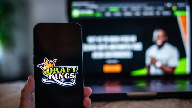 The DraftKings logo on a smartphone arranged in Hastings-on-Hudson, New York, US, on Monday, July 31, 2023. DraftKings Inc. is scheduled to release earnings figures on August 3.
