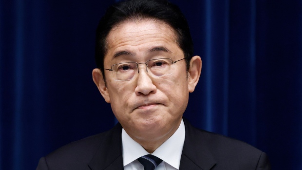 Fumio Kishida, Japan’s prime minister, during a news conference at the prime minister's official residence in Tokyo, Japan, on Thursday, Nov. 2, 2023. Kishida announced an economic stimulus package that aims to boost growth and help households hit by inflation, as his administration tries to shore up falling support.