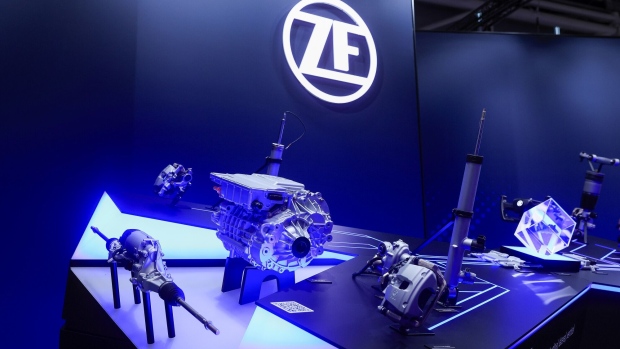Vehicle components on display at the ZF Friedrichshafen AG stand on the opening day of the Munich Motor Show (IAA) in Munich, Germany, on Tuesday, Sept. 5, 2023. Europe's automakers are showing off their latest battery-powered vehicles at the IAA Mobility car show this week as they try to challenge Tesla Inc. and fend off growing competition from China.