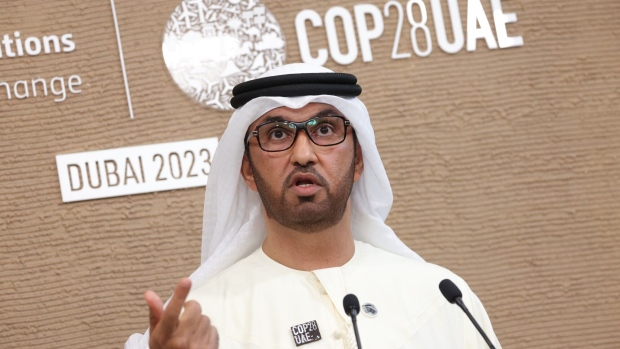 DUBAI, UNITED ARAB EMIRATES - DECEMBER 10: Sultan Ahmed Al Jaber, President of the COP28 UNFCCC Climate Conference, speaks to the media prior to a Majlis meeting of participants on day ten of the UNFCCC COP28 Climate Conference at Expo City Dubai on December 10, 2023 in Dubai, United Arab Emirates. The COP28, which is running from November 30 through December 12, is bringing together stakeholders, including international heads of state and other leaders, scientists, environmentalists, indigenous peoples representatives, activists and others to discuss and agree on the implementation of global measures towards mitigating the effects of climate change. (Photo by Sean Gallup/Getty Images)