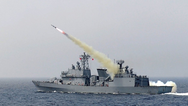 EAST SEA, SOUTH KOREA - JULY 06: In this handout photo released by the South Korean Defense Ministry, a South Korean navy ship fires a missile during a drill aimed to counter North Korea's intercontinental ballistic missile test on July 6, 2017 in East Sea, South Korea. The U.S. Army and South Korean military responded to North Korea's missile launch with a combined ballistic missile exercise on Wednesday, into South Korean waters along the country's eastern coastline. (Photo by South Korean Defense Ministry via Getty Images)