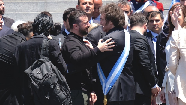 Javier Milei greets Volodymyr Zelenskiy during Milei’s inauguration ceremony in Buenos Aires, Argentina on Dec. 10.