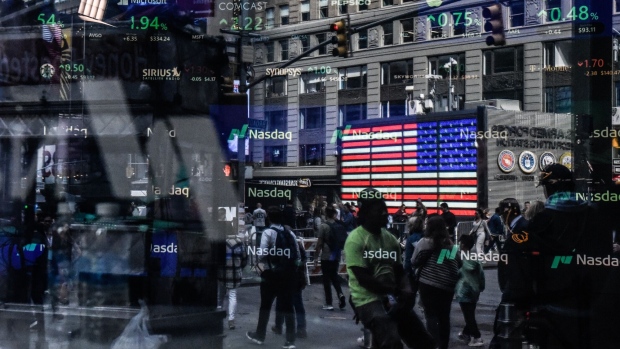 The Nasdaq MarketSite in New York, US, on Friday, Oct. 27, 2023. The US economy grew at the fastest pace in nearly two years last quarter on a burst of consumer spending, which will be tested in coming months. Photographer: Stephanie Keith/Bloomberg
