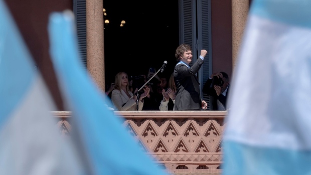 Javier Milei, Argentina’s president, delivers a speech from the balcony of the Casa Rosada in Buenos Aires on Sunday, Dec. 10, 2023.