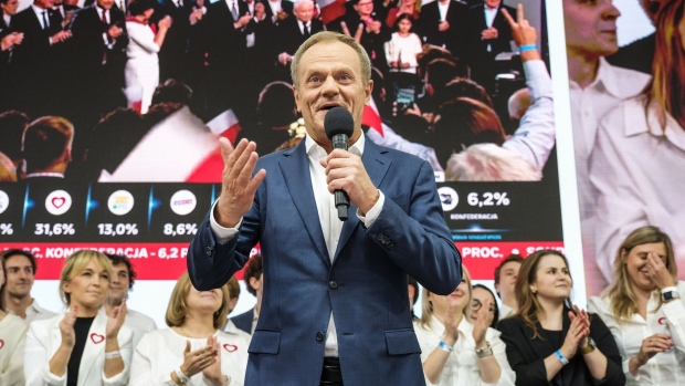 Donald Tusk during an election night rally in Warsaw, in October.