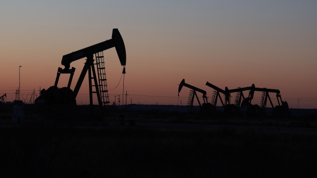 Oil pumpjacks in the Permian Basin oil field in Midland, Texas. 
