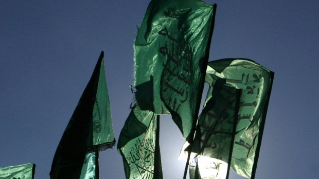 Hamas flags. Photographer: Mohammed Abed/AFP/Getty Images