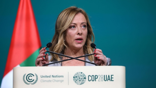 Giorgia Meloni, Italy's prime minister, speaks at a high-level segment on day three of the COP28 climate conference at Expo City in Dubai, United Arab Emirates, on Saturday, Dec. 2, 2023. More than 70,000 politicians, diplomats, campaigners, financiers and business leaders will fly to Dubai to talk about arresting the world’s slide toward environmental catastrophe.