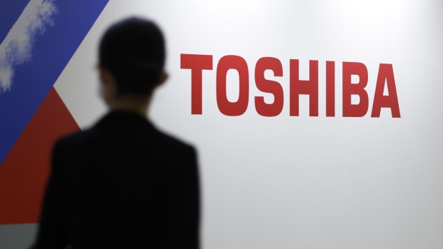 The Toshiba Corp. logo at the Combined Exhibition of Advanced Technologies (CEATEC) in Chiba, Japan, on Tuesday, Oct. 17, 2023. CEATEC, the annual information technology and electronics trade show, will run through Oct. 20.