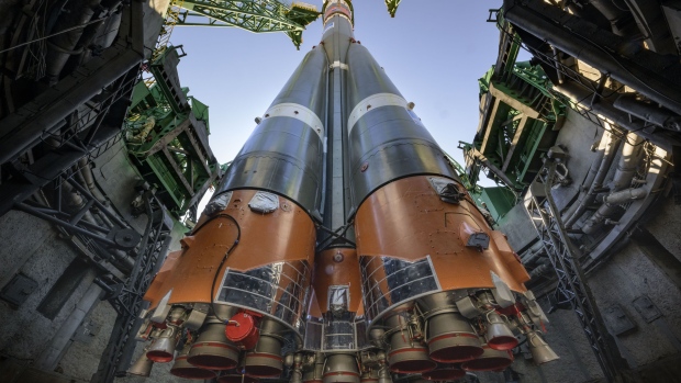 A Soyuz rocket at site 31 of the Baikonur Cosmodrome in Kazakhstan in 2022. Photographer: Bill Ingalls/NASA/Getty Images