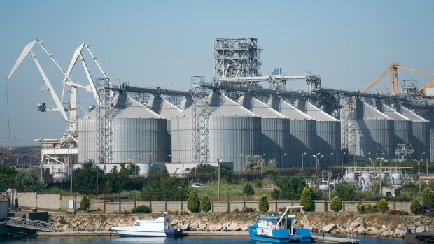 Grain silos at the port of Constanta, Romania, on Tuesday, June 21, 2022. With Ukraine's Black Sea ports scattered with mines and Russia effectively blocking shipping in the area, countries from Turkey to the US have been grappling for a solution to get Ukrainian grain moving again.