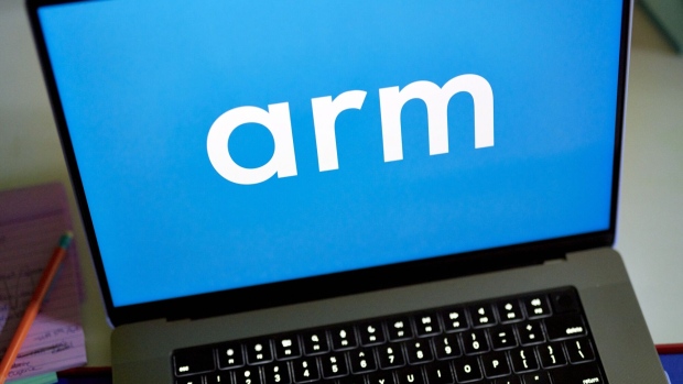 The Arm logo on a laptop arranged in New York, US, on Wednesday, Aug. 23, 2023. Arm Ltd.'s initial public offering, planned for September, is on track to be the year's largest and could be one of the biggest tech listings ever on a US exchange. Photographer: Gabby Jones/Bloomberg