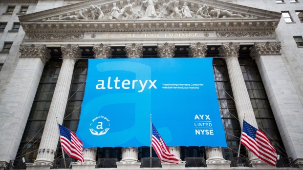 Alteryx Inc. signage on front of the New York Stock Exchange during the company’s IPO in New York in 2017.