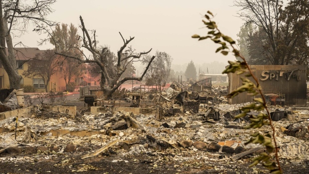 TALENT, OR - SEPTEMBER 13: Only the rubble of burnt homes remain in a neighborhood largely destroyed by wildfire on September 13, 2020 in Talent, Oregon. Hundreds of homes in Talent and nearby towns have been lost due to wildfire. (Photo by David Ryder/Getty Images)